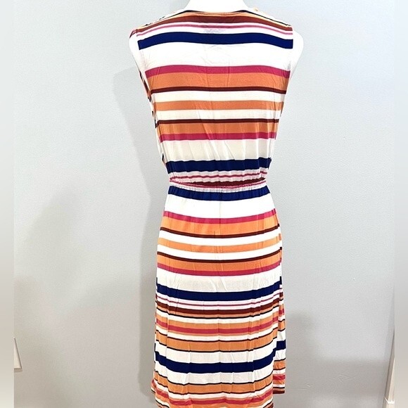 Orange and navy striped faux wrap top dress size small - Picture 3 of 5
